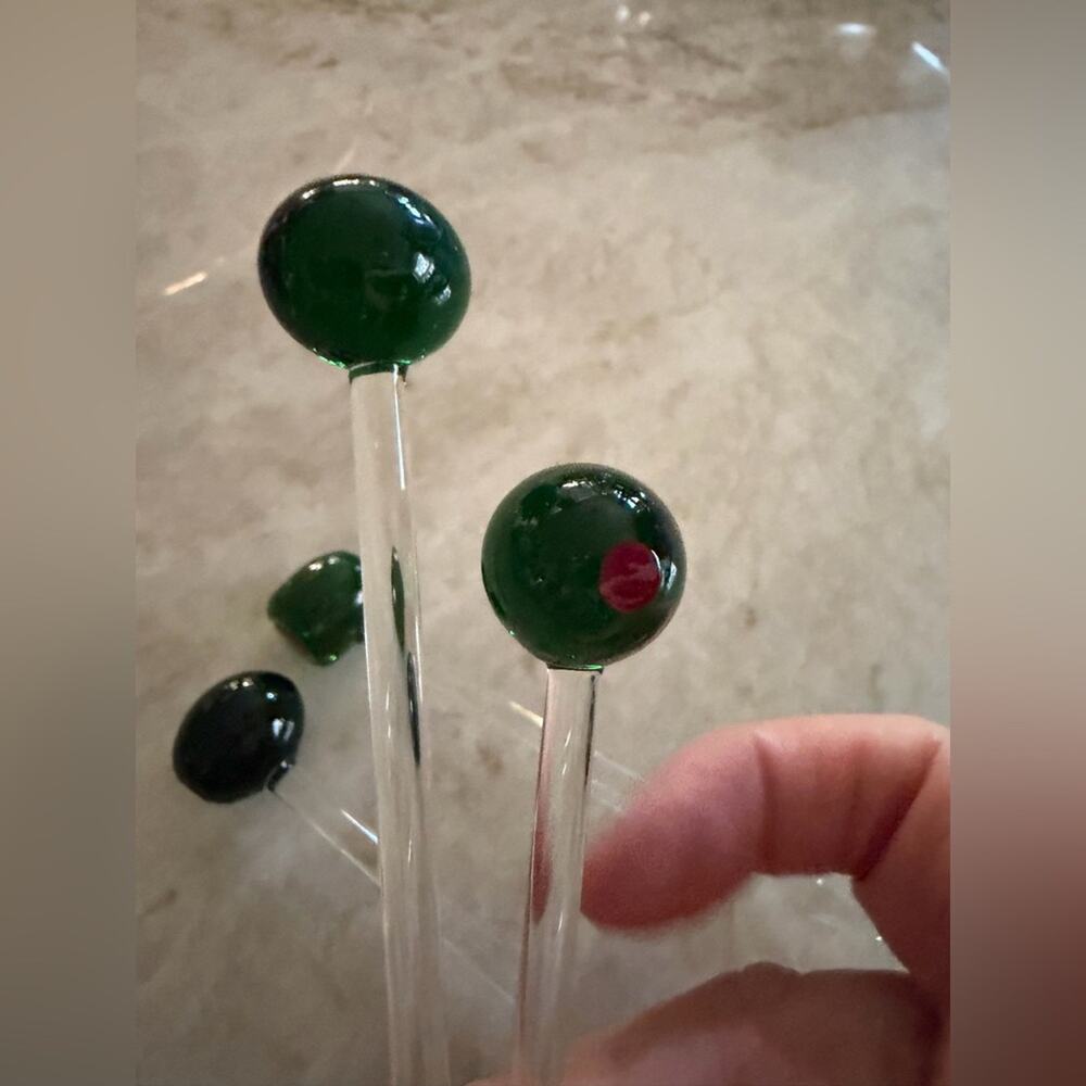 Green Olive Blown Glass Stir Sticks x4
